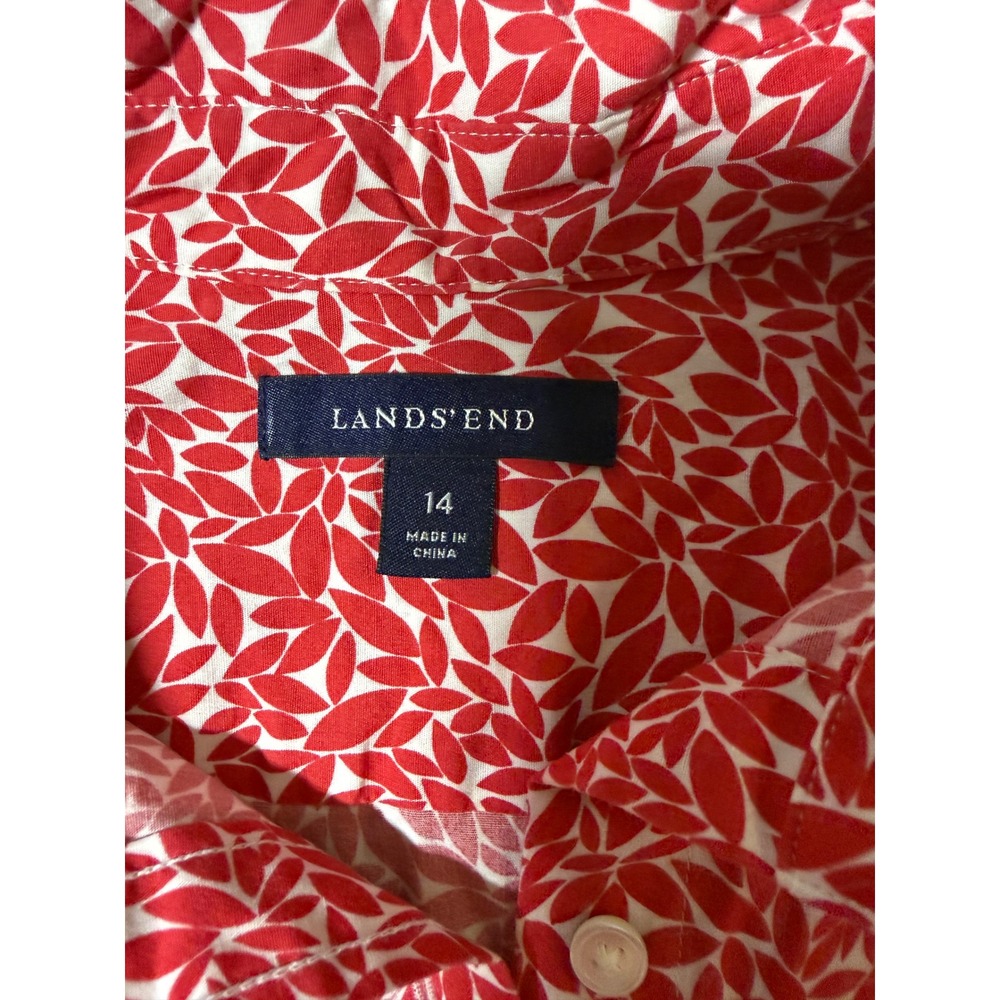 Lands End Womens Red White Leaf Print Button Up Shirt Size 14 Stretch Cotton - Picture 5 of 6